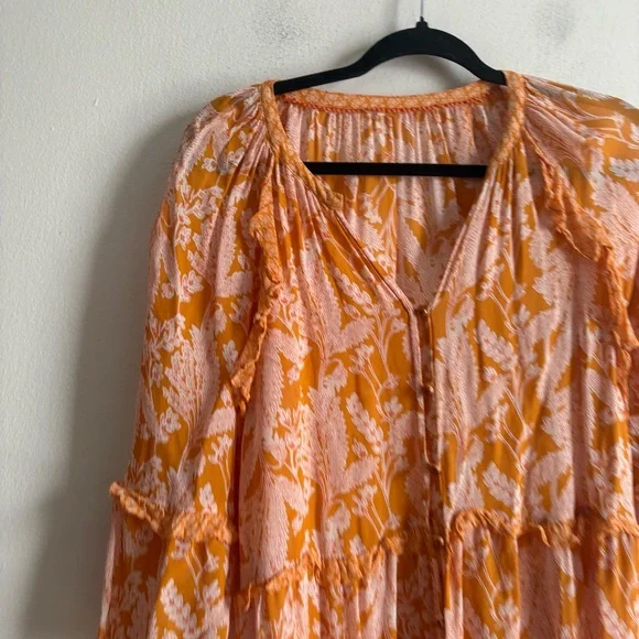 Anthropologie Sz M Mia Bohemian Semi Sheer Printed Flutter Sleeves Blouse Tunic - Picture 3 of 11